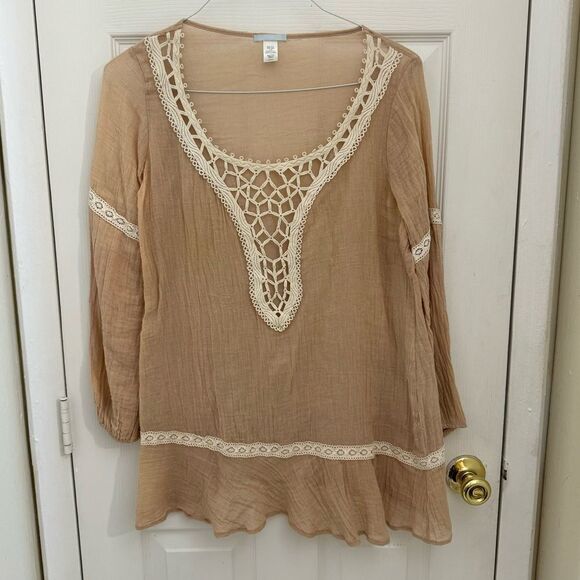 Eberjey Free Spirit Tunic Dress Size Medium Large Peach Crochet Long Sleeve Boho - Picture 1 of 6